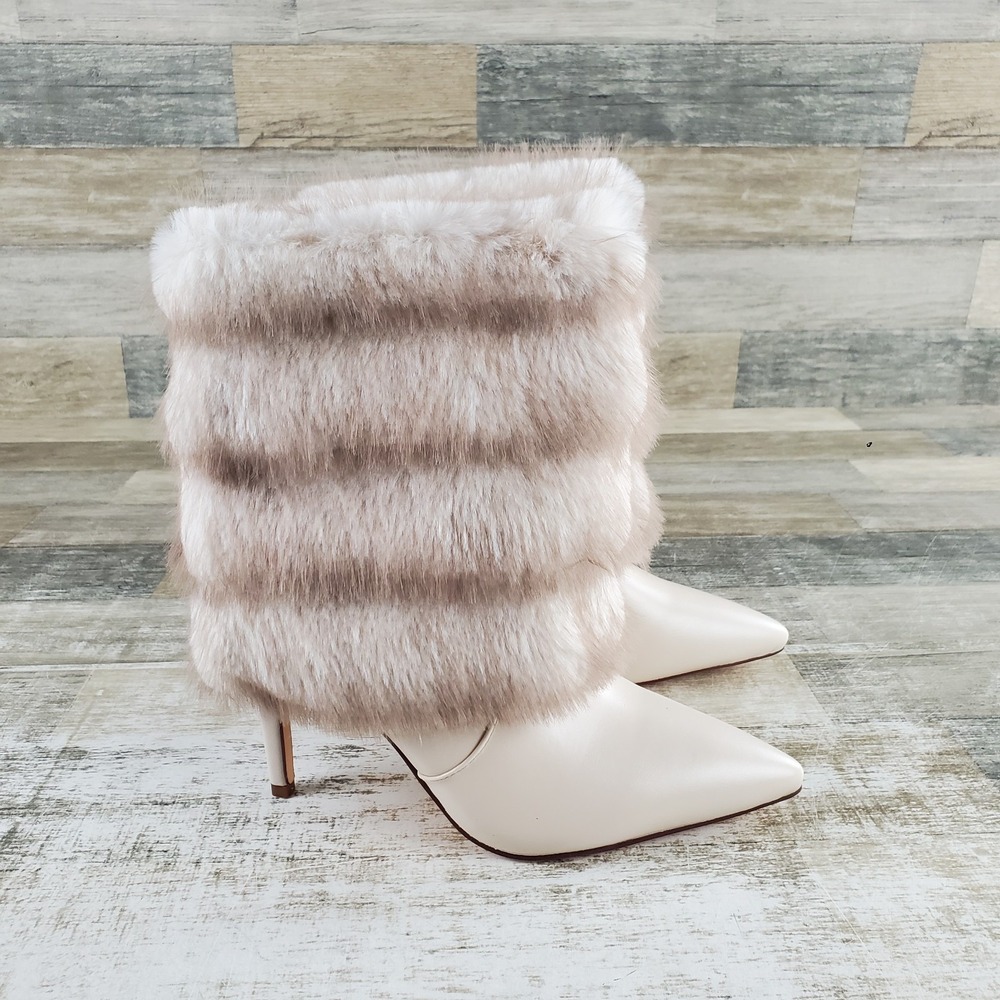 Azalea Wang Simon Womens Ankle Booties Shoes Sz 7 Ivory Faux Fur Pointed Toe
